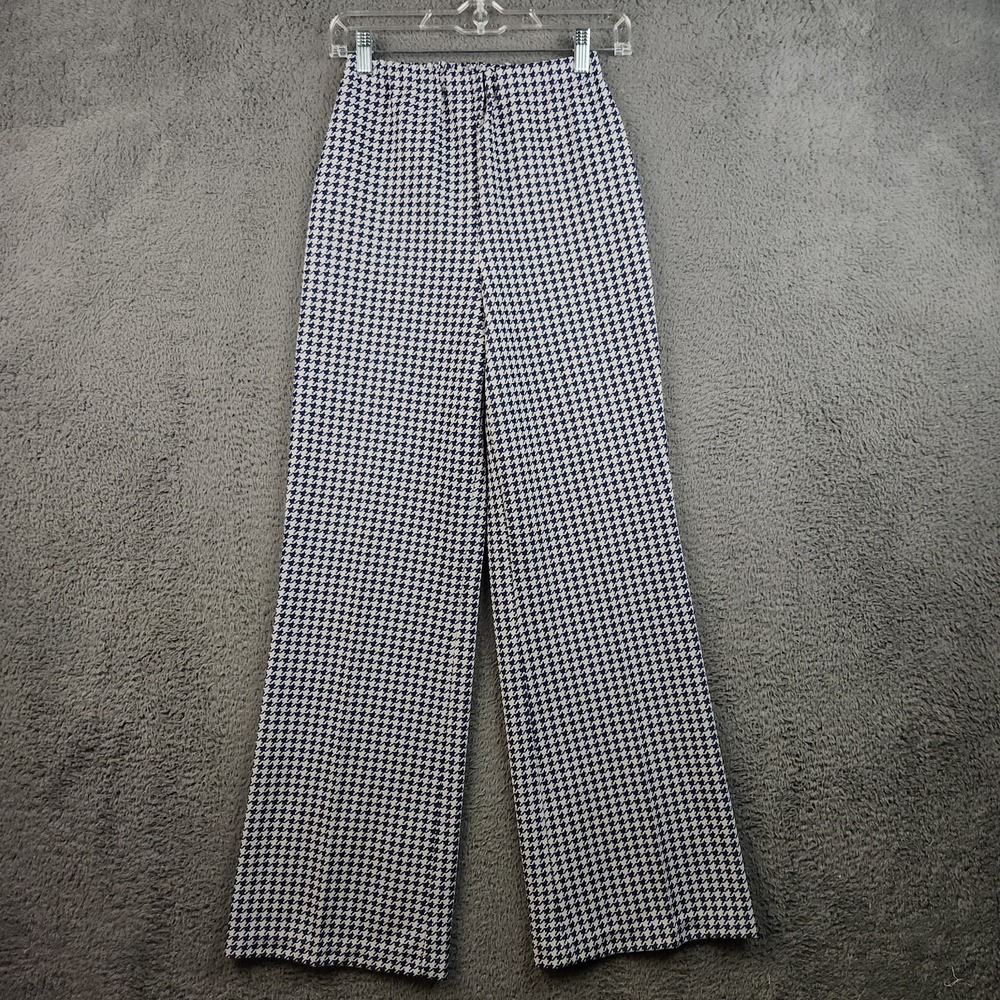 Vintage 70s High Waisted Wide Leg Bell Bottom Pants 22x30 Navy Blue Houndstooth